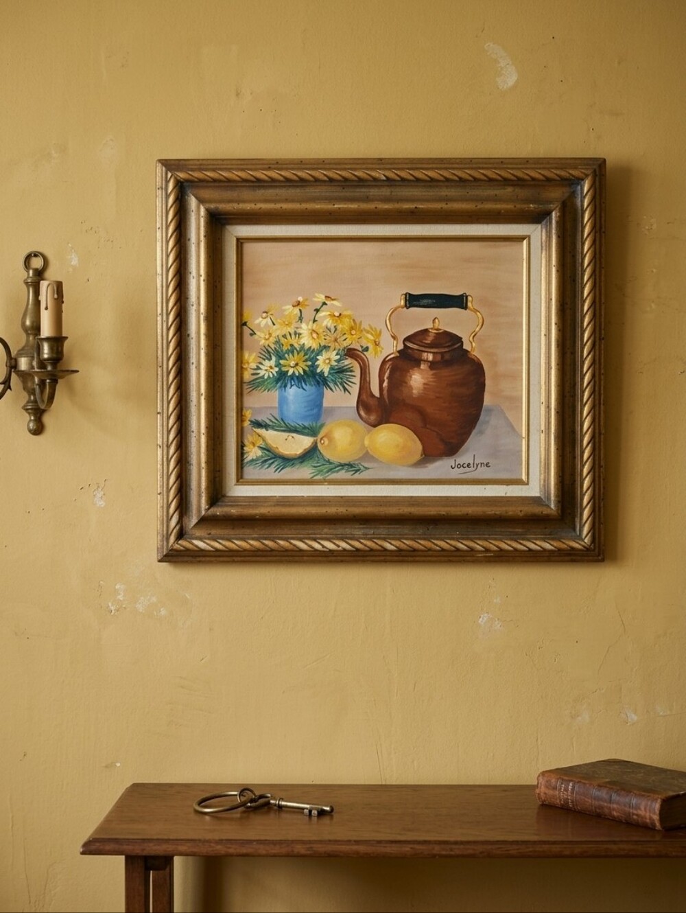 Framed Still Life Wall Art - Brown Teapot and Yellow Lemons
